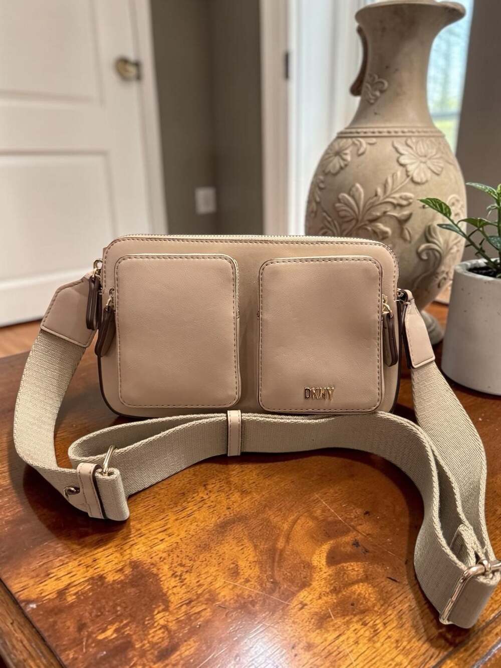 DKNY Beige Faux Leather Multi-Pocket Crossbody Bag